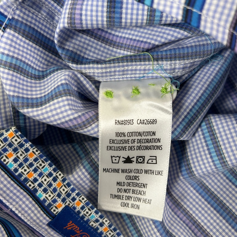 ROBERT GRAHAM Flip Cuff Striped Gingham Button Down Shirt Blue Purple 2XL - Picture 13 of 16